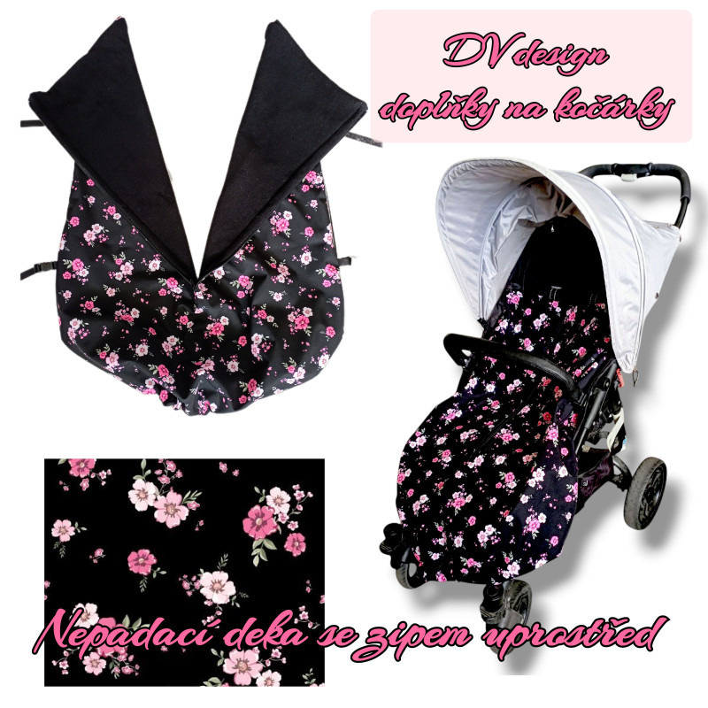 Nepadací deka se zipem uprostřed Květy na černé